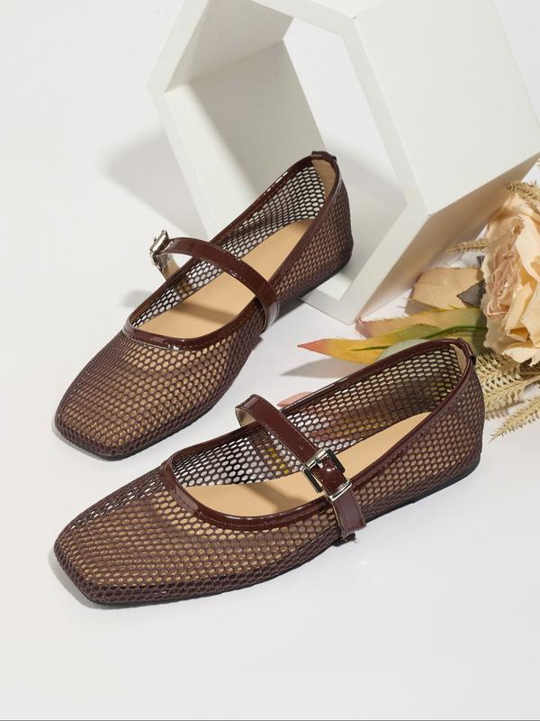 Brown mesh shoes with a strap on a white background